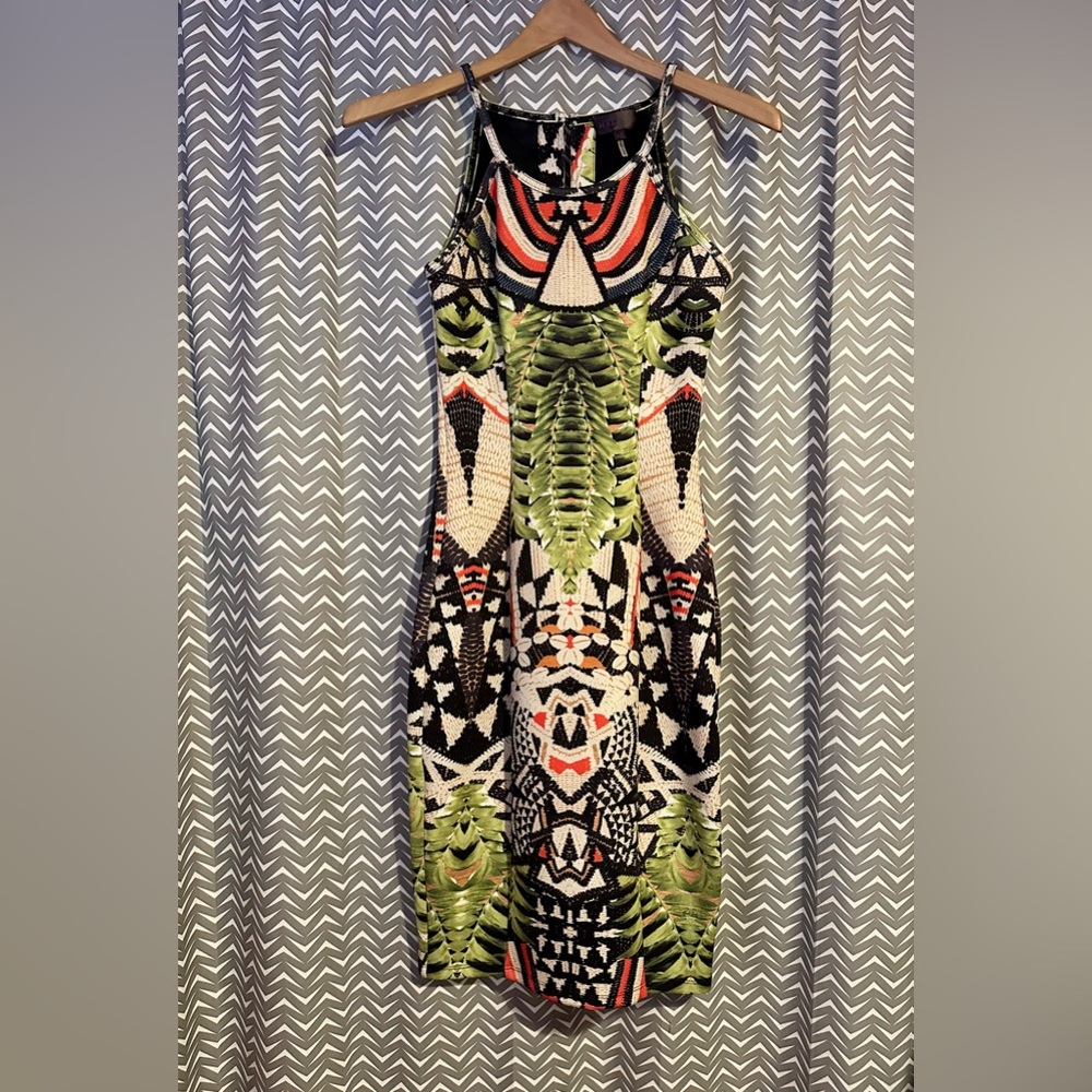 NWOT Hale Bob | Halter Bodycon Dress, Botanical/tribal print, XS